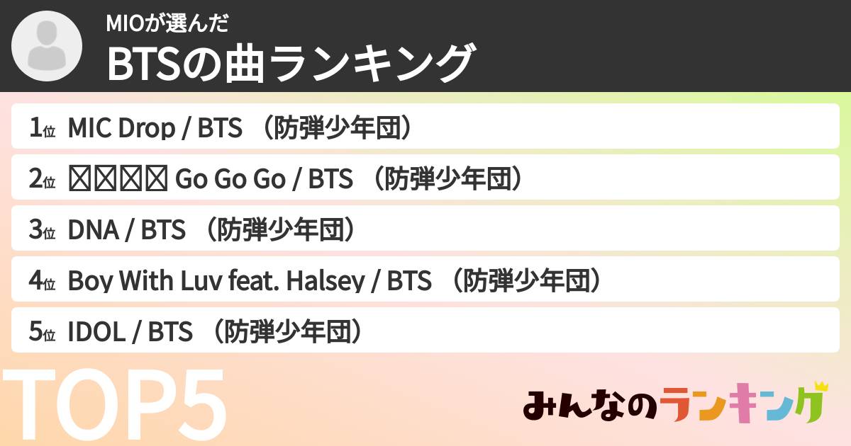 MIOさんの「BTSの曲ランキング」