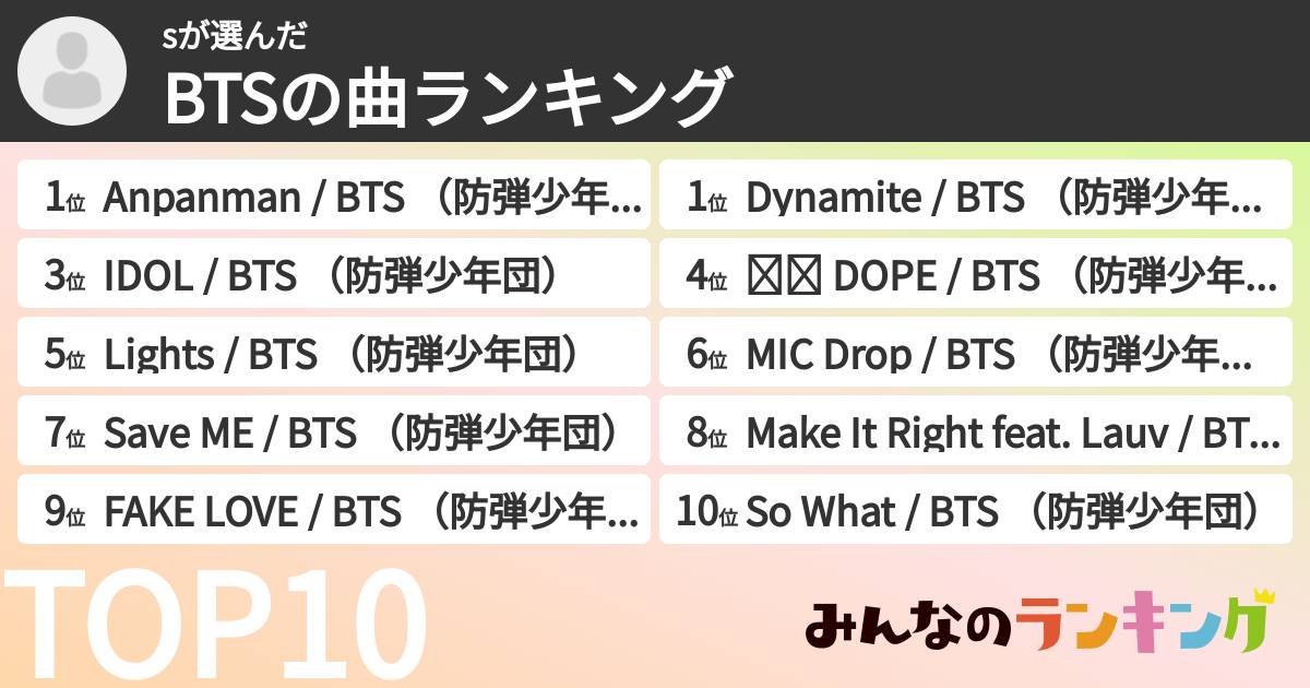 sさんの「BTSの曲ランキング」