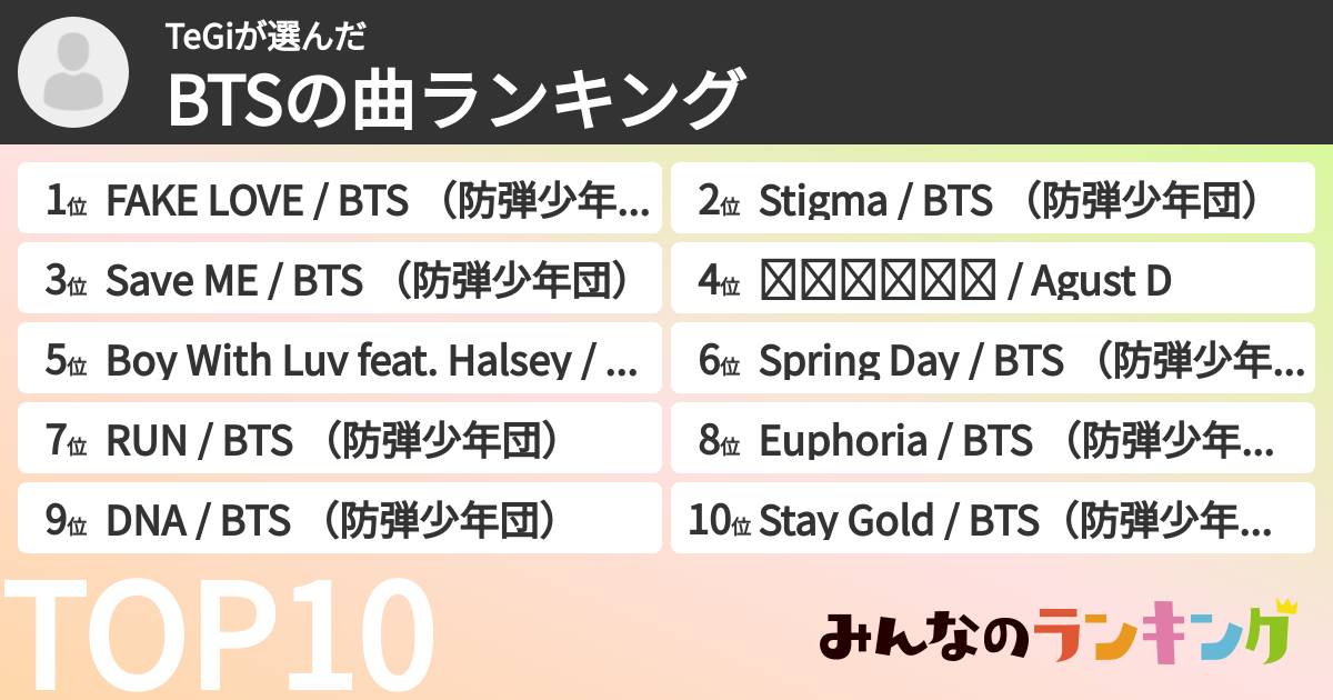 TeGiさんの「BTSの曲ランキング」