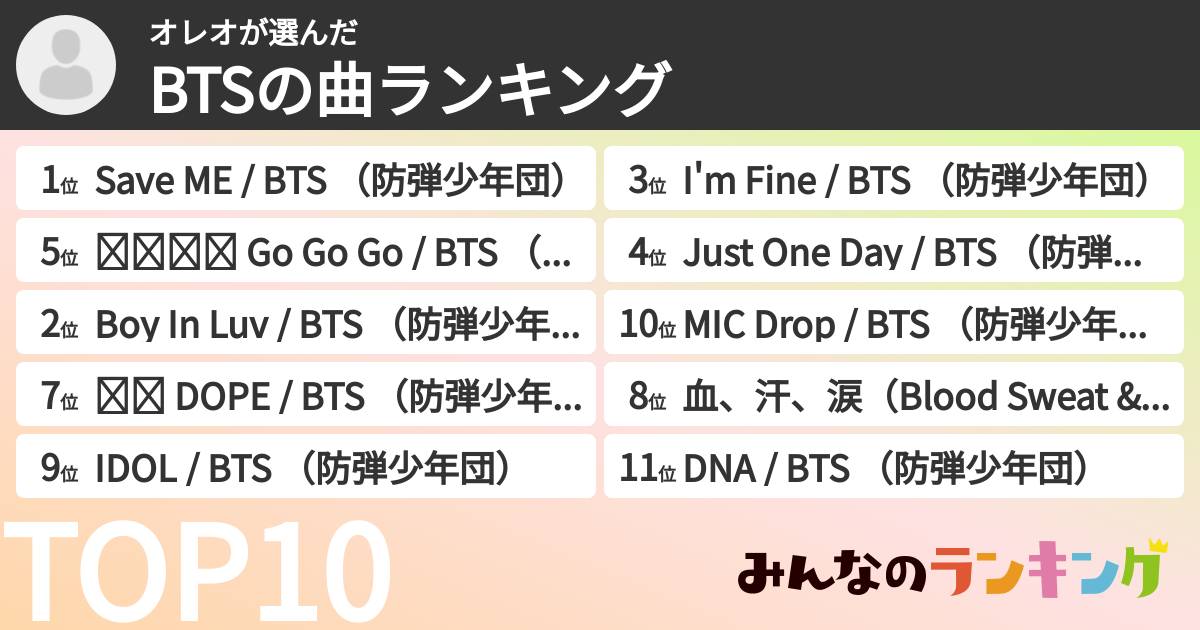 オレオさんの「BTSの曲ランキング」