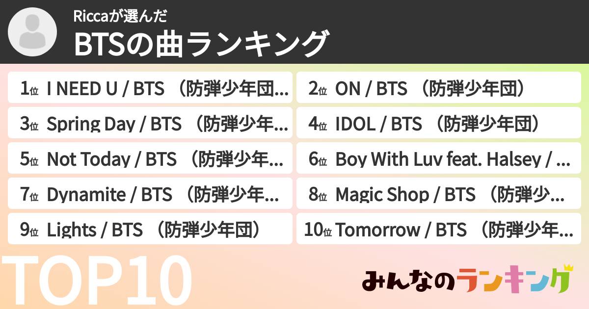Riccaさんの「BTSの曲ランキング」