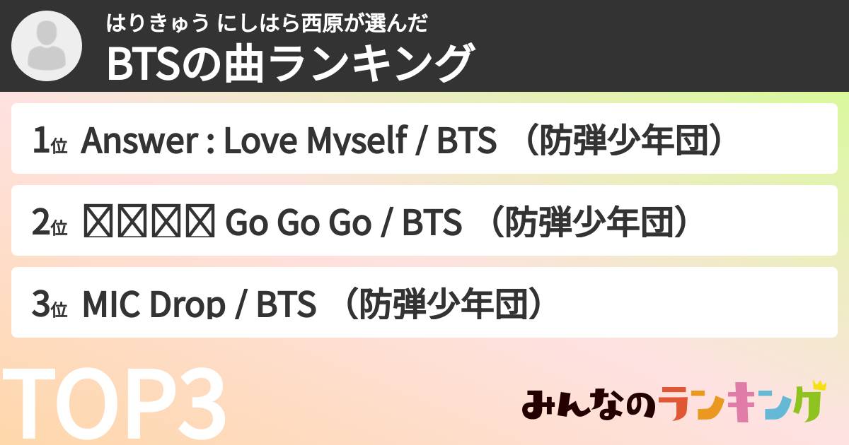 はりきゅう にしはら西原さんの「BTSの曲ランキング」