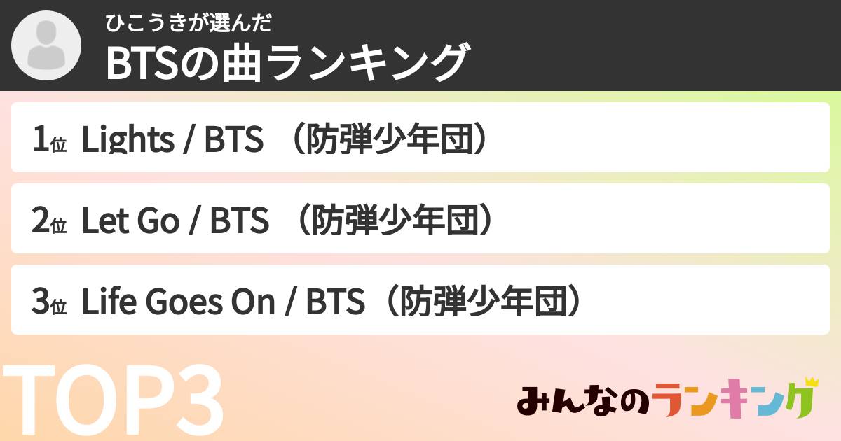 ひこうきさんの「BTSの曲ランキング」