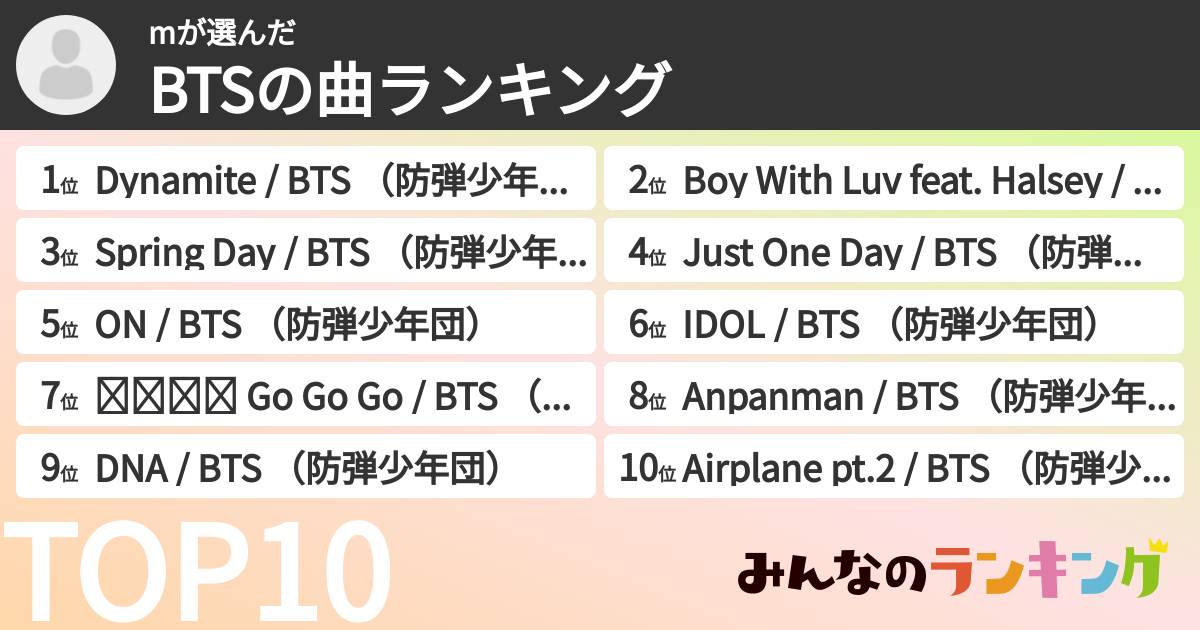 mさんの「BTSの曲ランキング」