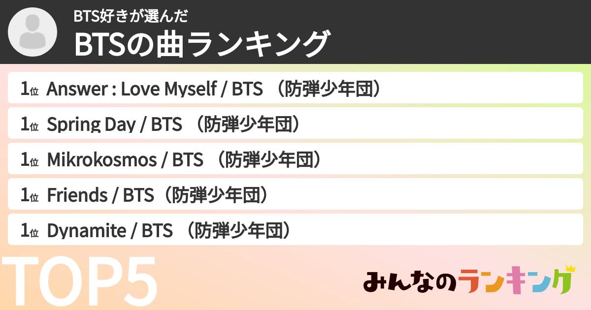 BTS好きさんの「BTSの曲ランキング」
