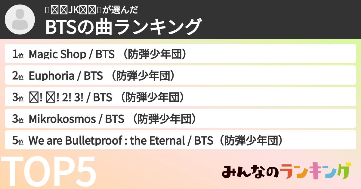 🐰❤︎☺︎JK☺︎❤︎🐰さんの「BTSの曲ランキング」