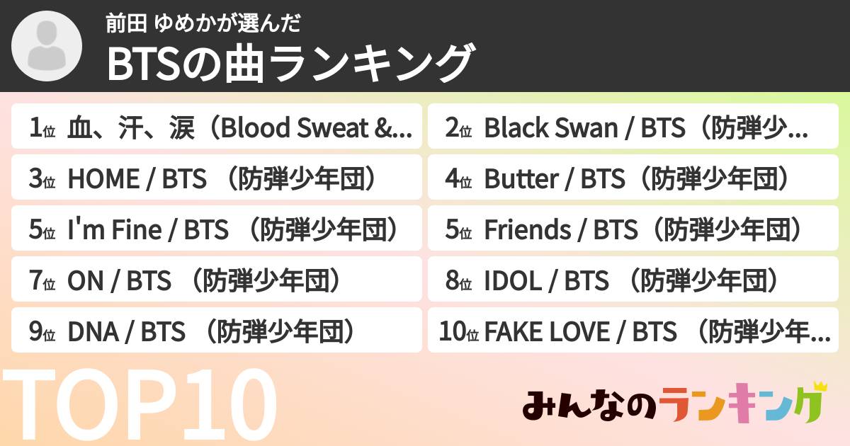 前田 ゆめかさんの「BTSの曲ランキング」