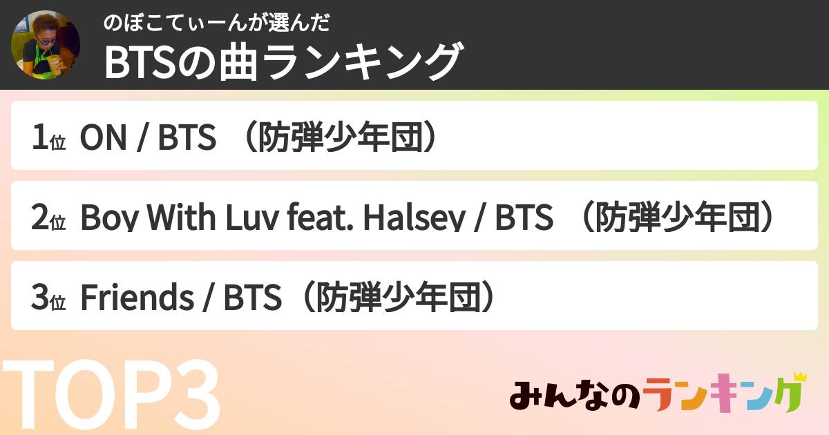 のぼこてぃーんさんの「BTSの曲ランキング」