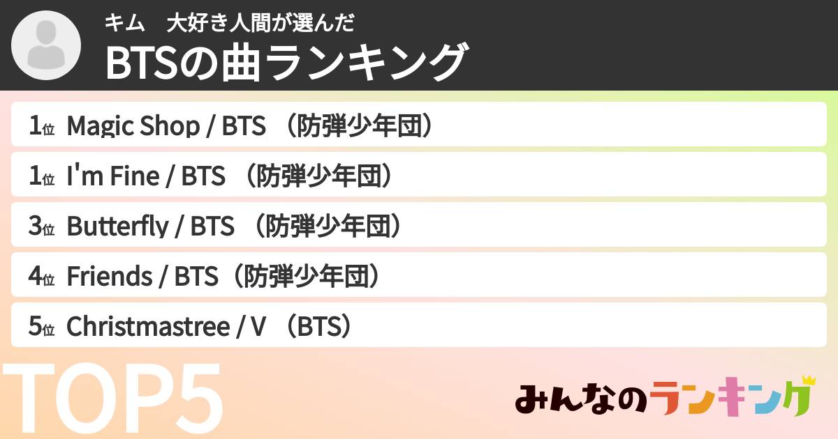 キム　大好き人間さんの「BTSの曲ランキング」