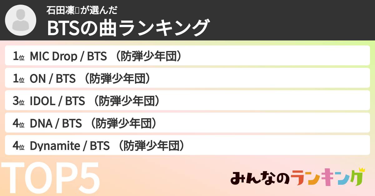 石田凜🐱さんの「BTSの曲ランキング」