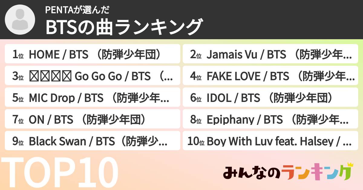 PENTAさんの「BTSの曲ランキング」