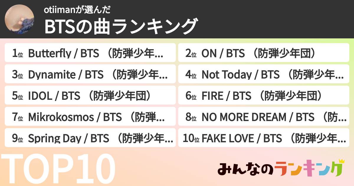 otiimanさんの「BTSの曲ランキング」