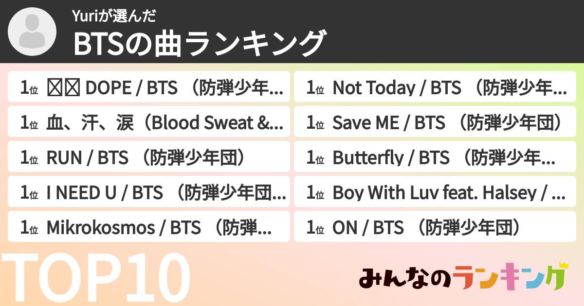 Yuriさんの「BTSの曲ランキング」