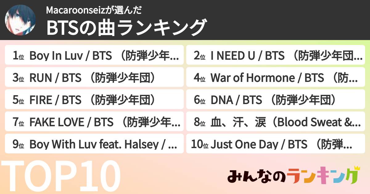 Macaroonseizさんの「BTSの曲ランキング」