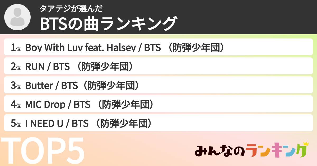 タアテジさんの「BTSの曲ランキング」