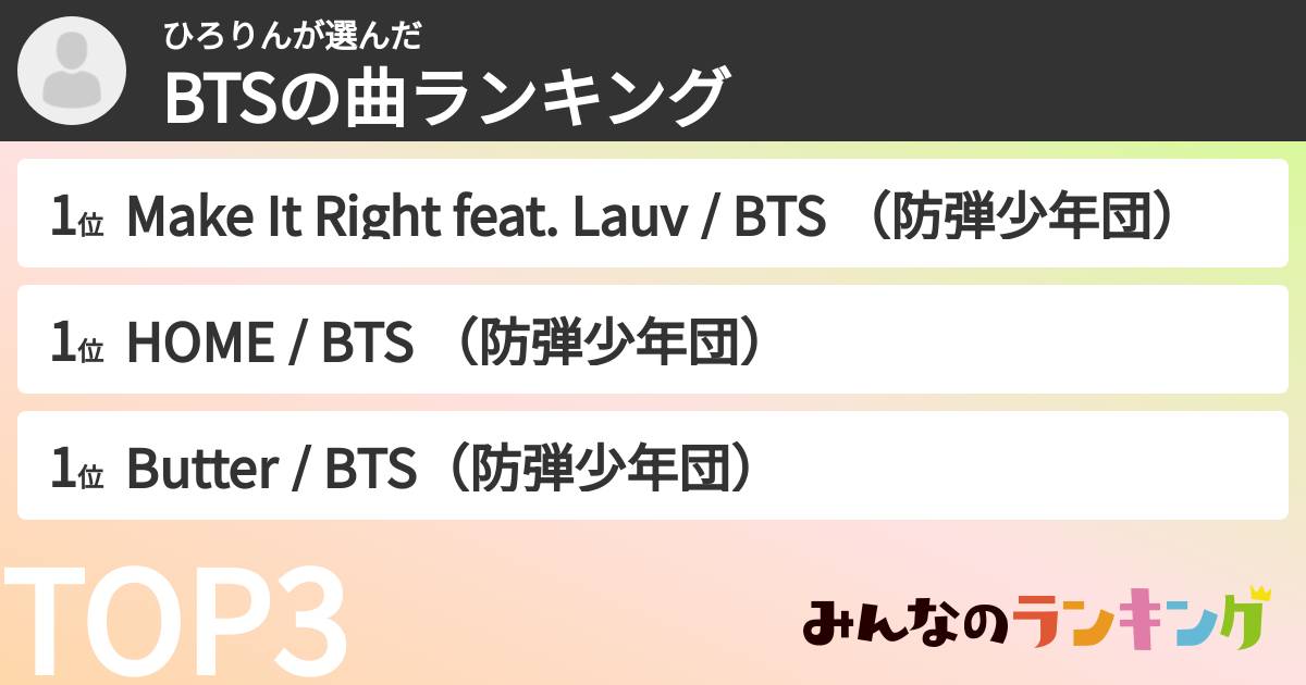 ひろりんさんの「BTSの曲ランキング」