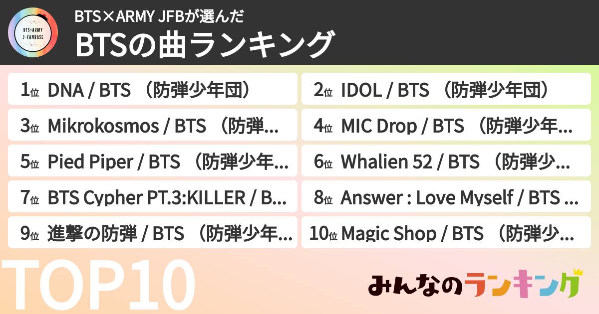 BTS×ARMY JFBさんの「BTSの曲ランキング」