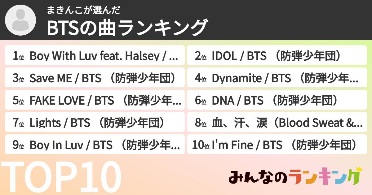 まきんこさんの「BTSの曲ランキング」