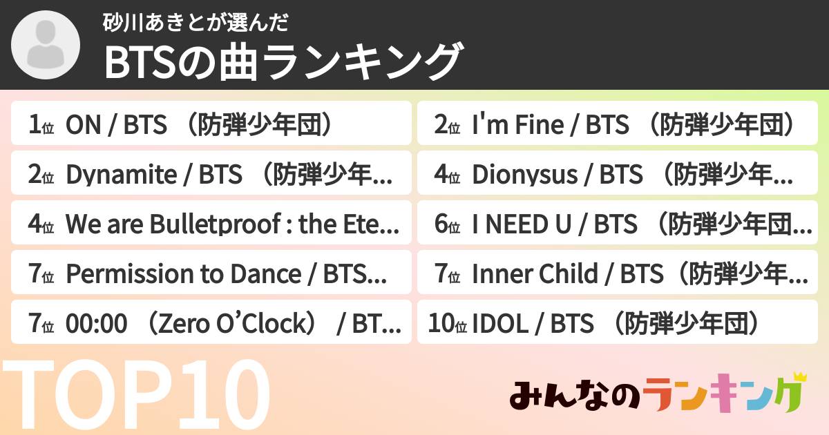 砂川あきとさんの「BTSの曲ランキング」