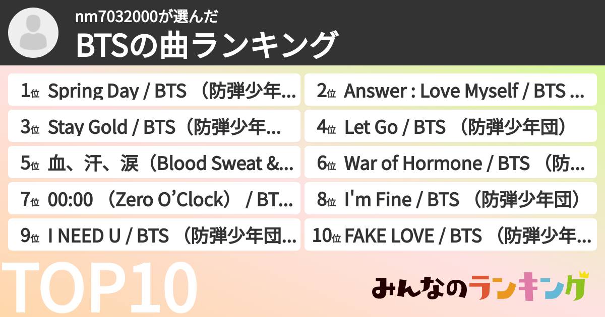 nm7032000さんの「BTSの曲ランキング」