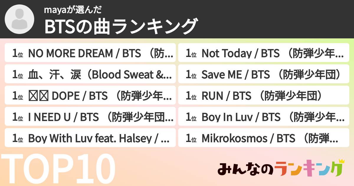 mayaさんの「BTSの曲ランキング」