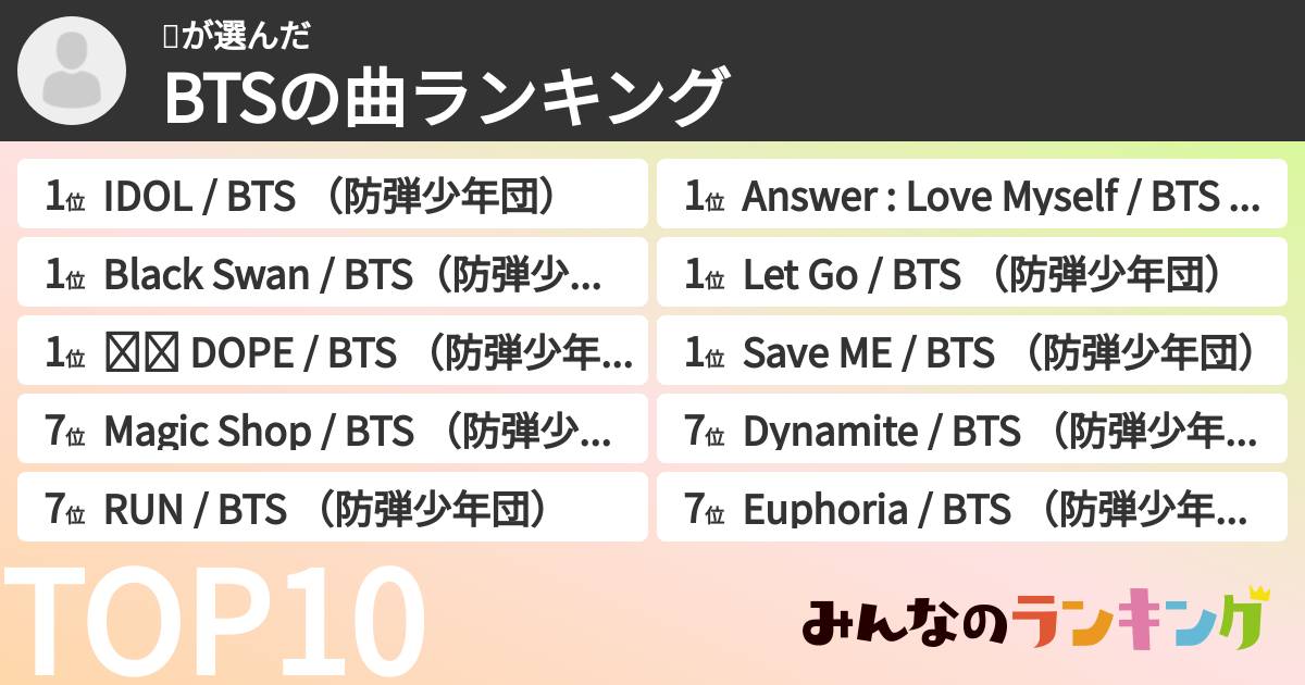 😆さんの「BTSの曲ランキング」
