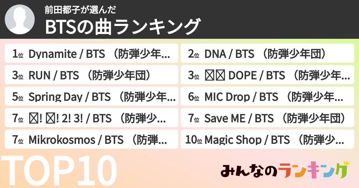前田都子さんの「BTSの曲ランキング」