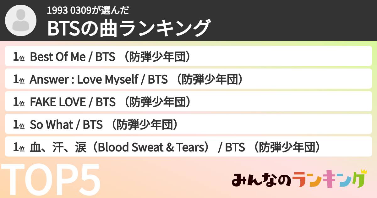 1993 0309さんの「BTSの曲ランキング」