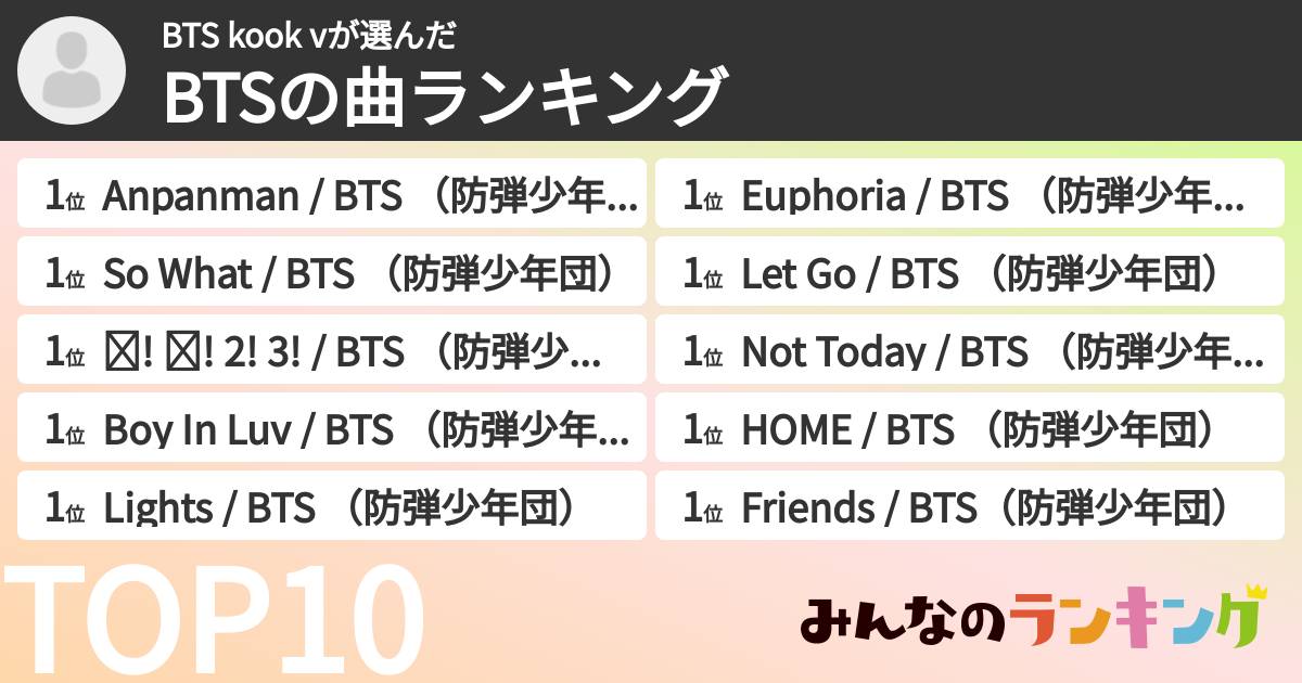 BTS kook vさんの「BTSの曲ランキング」