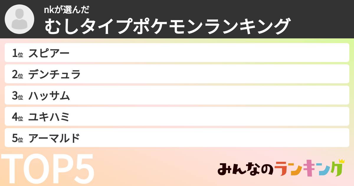 nkさんの「むしタイプポケモンランキング」