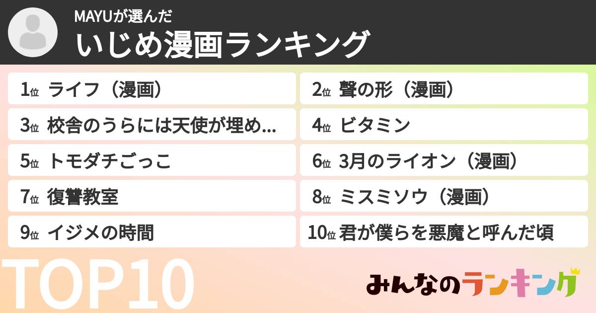MAYUさんの「いじめ漫画ランキング」