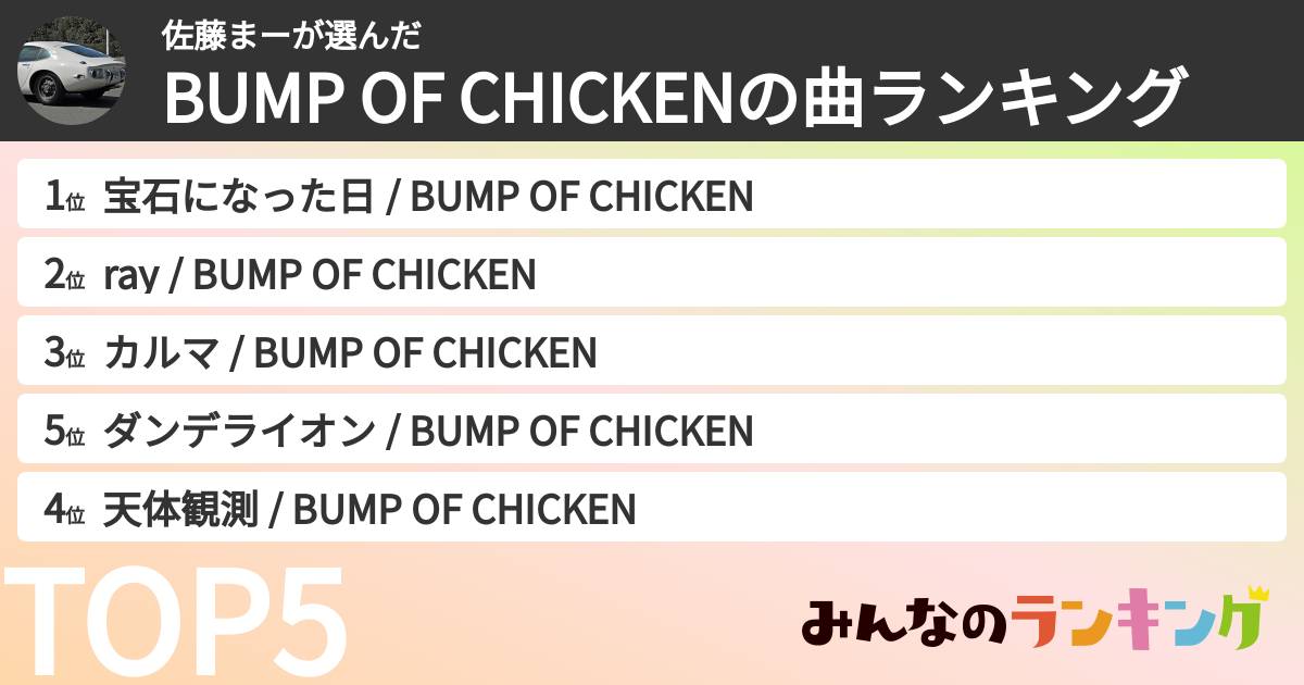 佐藤まーさんの「BUMP OF CHICKENの曲ランキング」