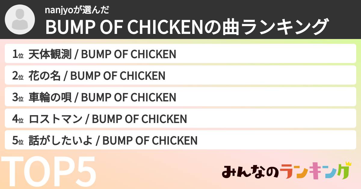 nanjyoさんの「BUMP OF CHICKENの曲ランキング」