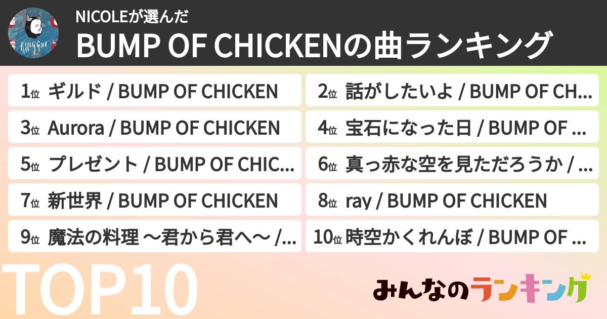 NICOLEさんの「BUMP OF CHICKENの曲ランキング」
