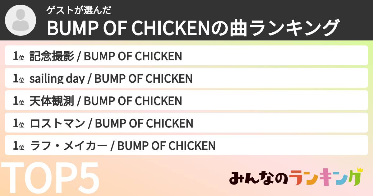 ゲストさんの「BUMP OF CHICKENの曲ランキング」