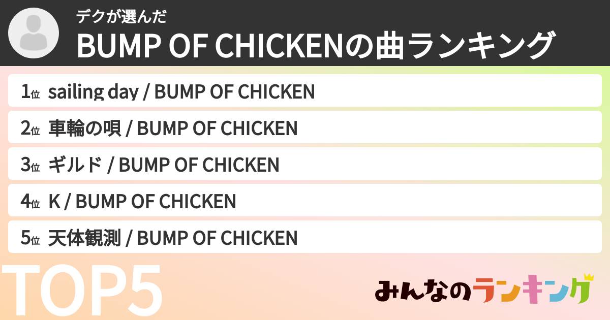 デクさんの「BUMP OF CHICKENの曲ランキング」