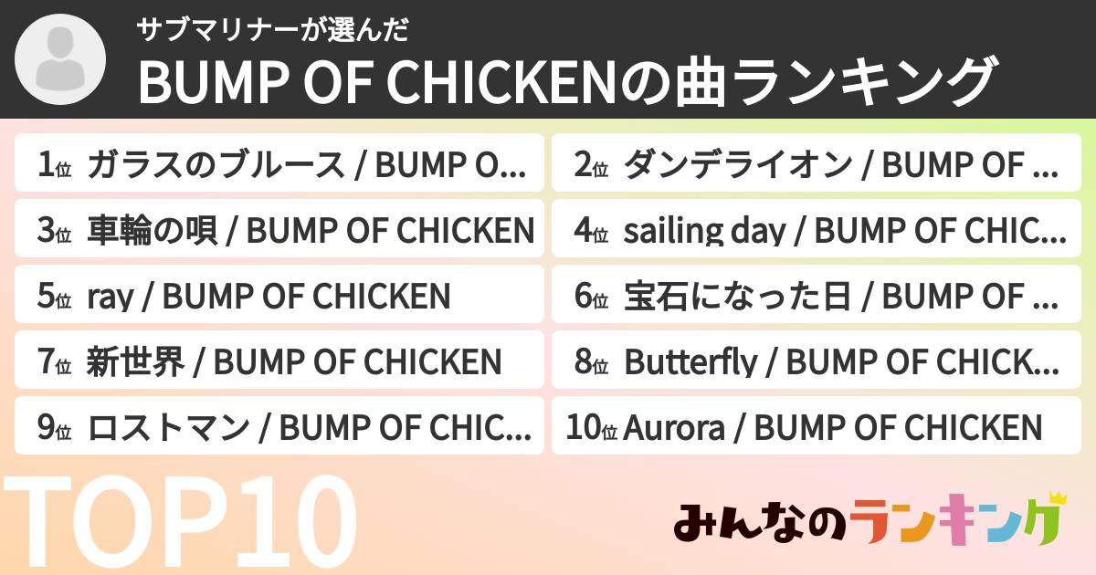 サブマリナーさんの「BUMP OF CHICKENの曲ランキング」