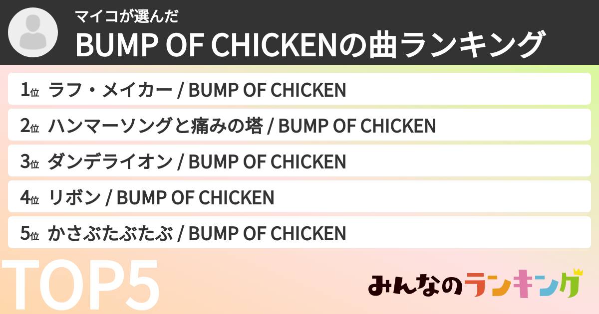 マイコさんの「BUMP OF CHICKENの曲ランキング」