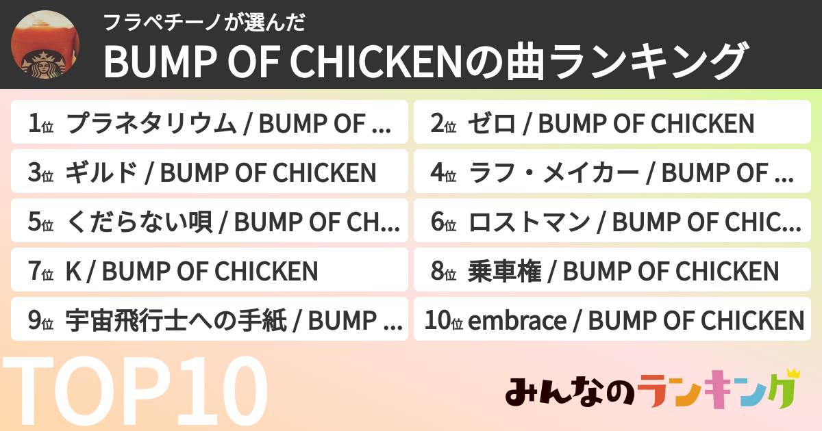 フラペチーノさんの「BUMP OF CHICKENの曲ランキング」