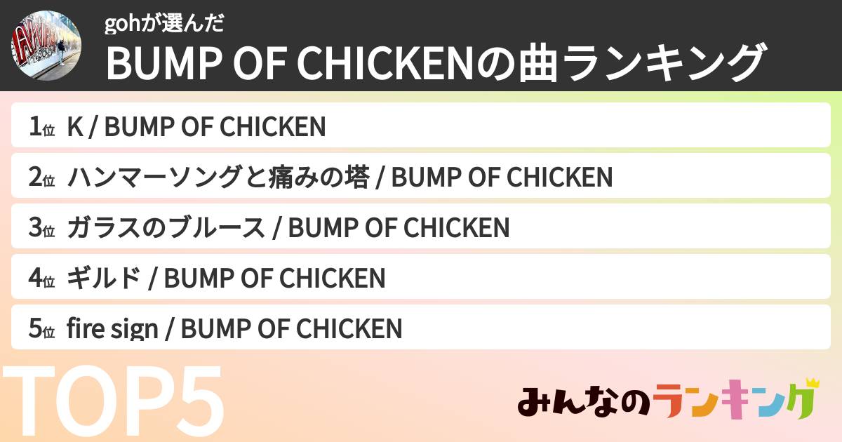 gohさんの「BUMP OF CHICKENの曲ランキング」