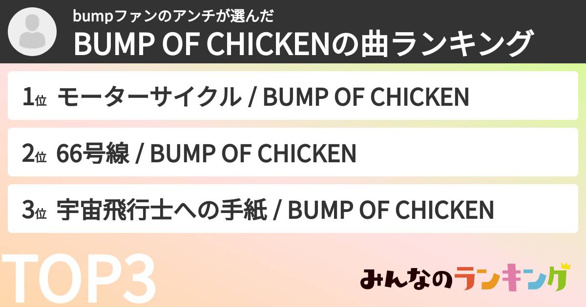 bumpファンのアンチさんの「BUMP OF CHICKENの曲ランキング」