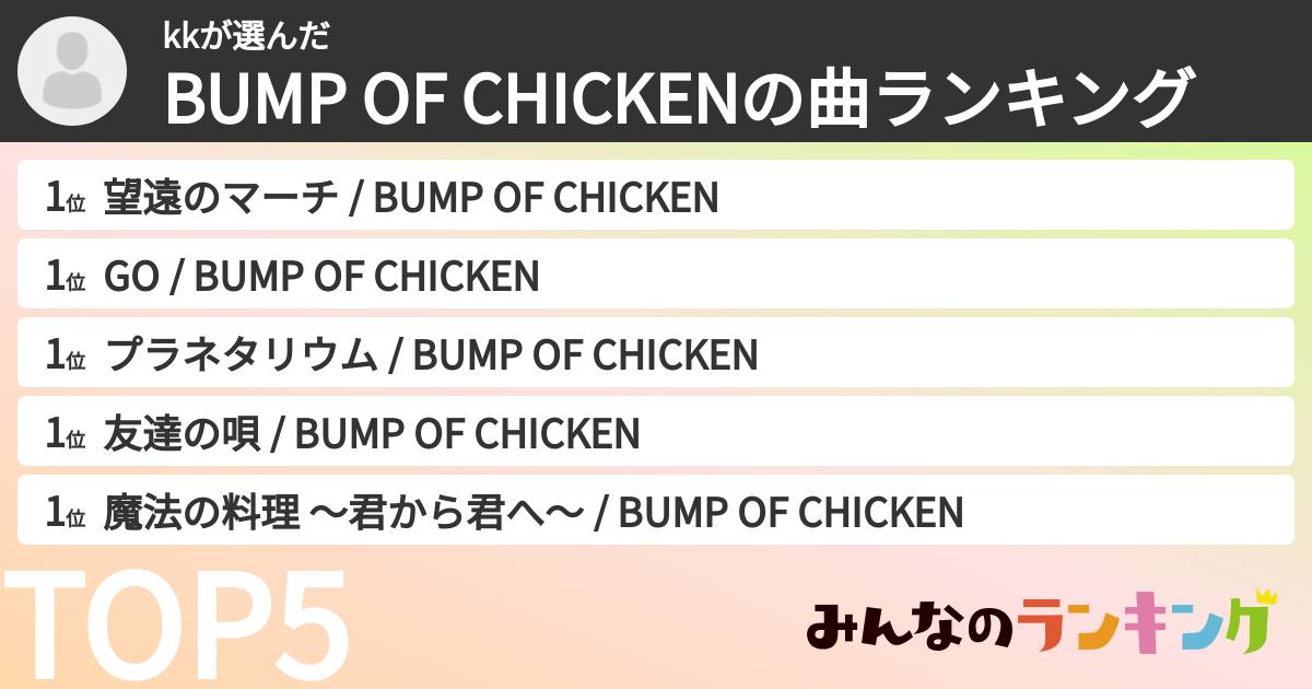 kkさんの「BUMP OF CHICKENの曲ランキング」