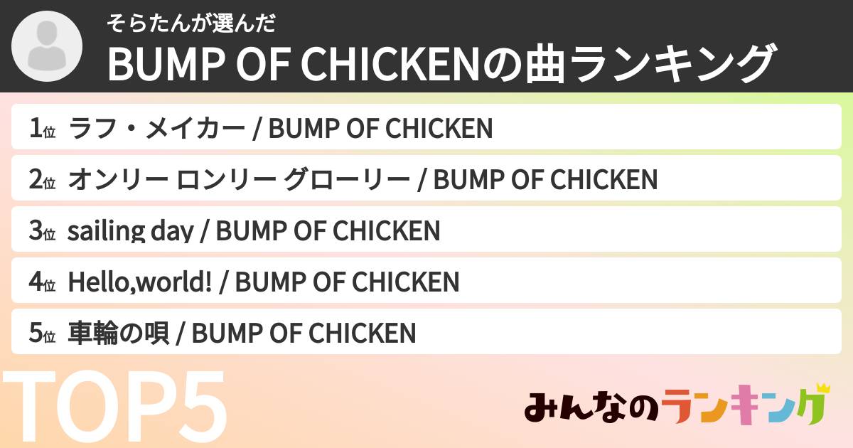 そらたんさんの「BUMP OF CHICKENの曲ランキング」
