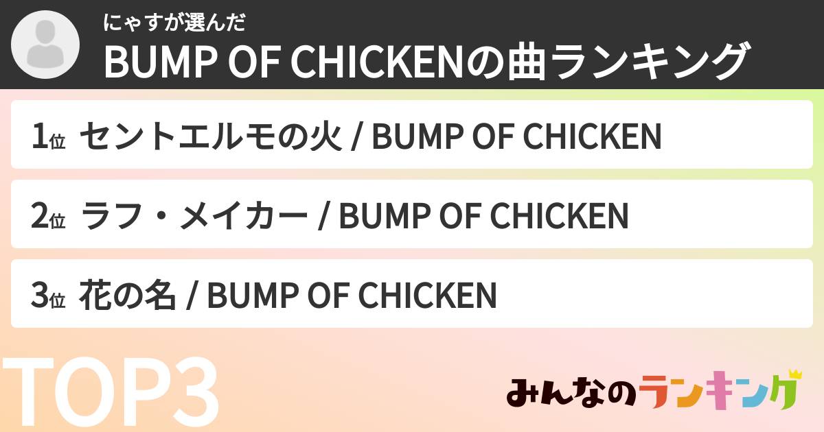 にゃすさんの「BUMP OF CHICKENの曲ランキング」