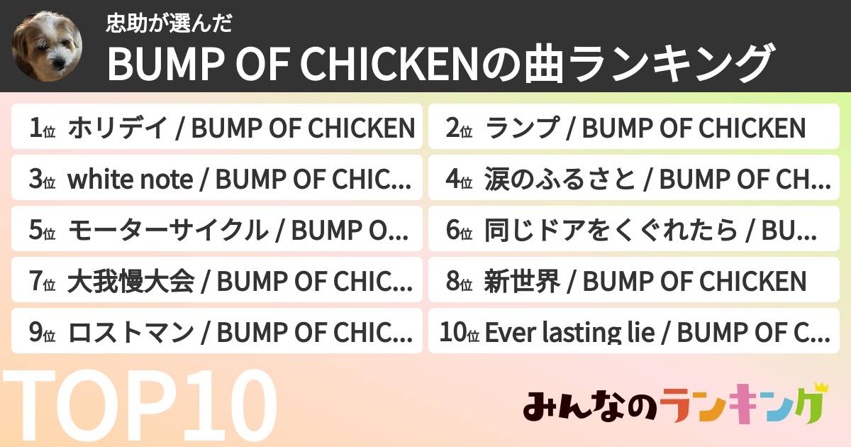 忠助さんの「BUMP OF CHICKENの曲ランキング」