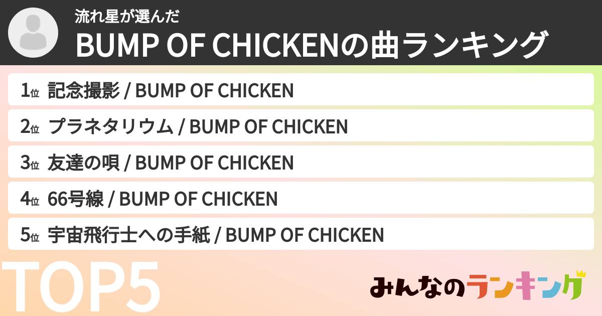 流れ星さんの「BUMP OF CHICKENの曲ランキング」
