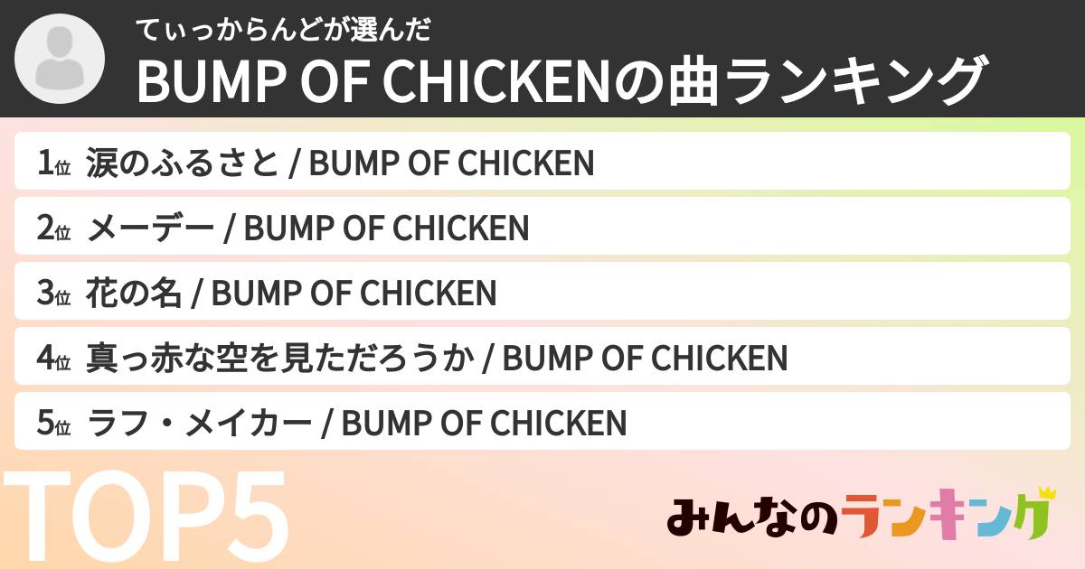 てぃっからんどさんの「BUMP OF CHICKENの曲ランキング」