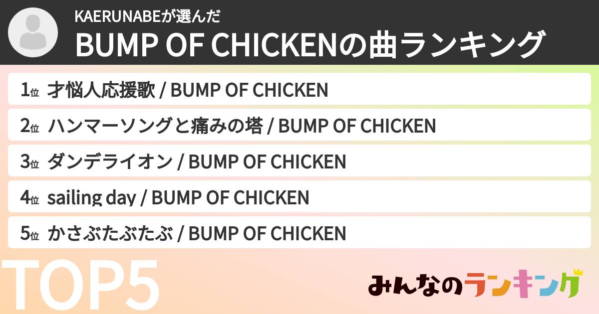 KAERUNABEさんの「BUMP OF CHICKENの曲ランキング」