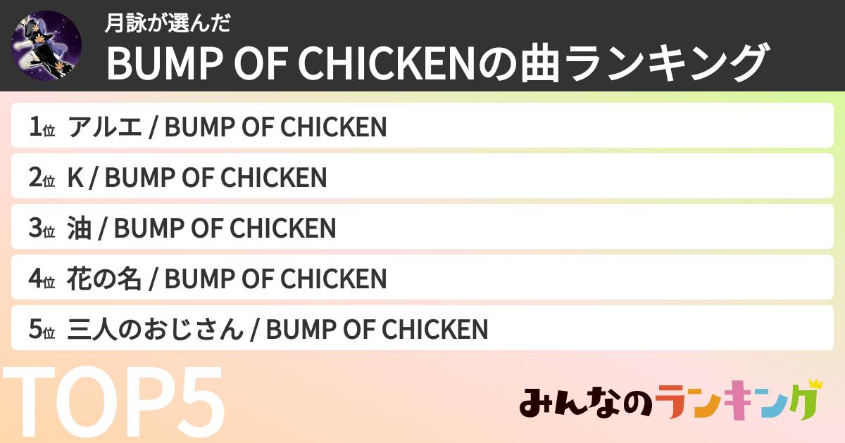 月詠さんの「BUMP OF CHICKENの曲ランキング」