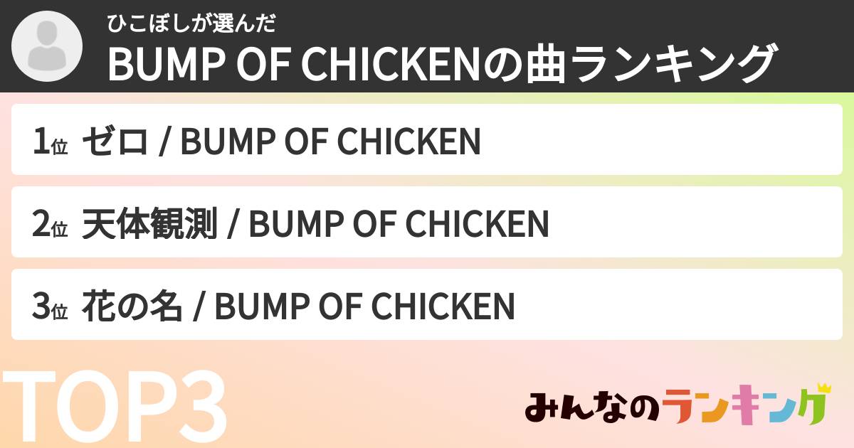 ひこぼしさんの「BUMP OF CHICKENの曲ランキング」